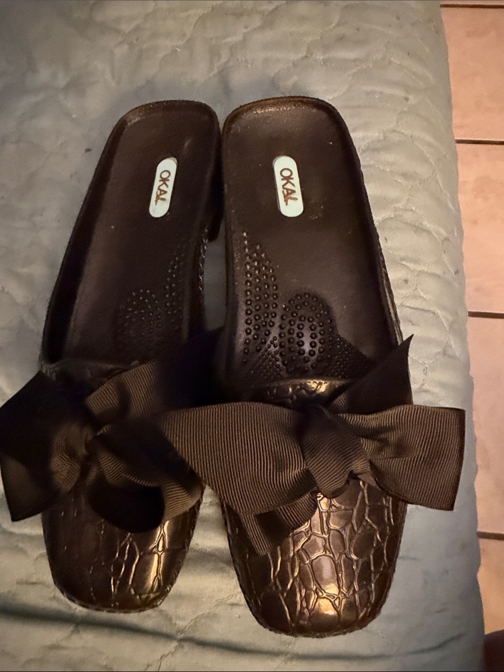OKA b. Brown Croc-Embossed Bow Mules